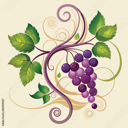 illustration of grapes with leaves. illustration of grapes. A single grape branch with swirling lines and mini. Ai generate