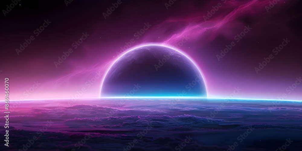 Neon abstract space background with futuristic scifi landscape and cold planet. Concept Neon Space, Abstract Art, Futuristic Landscape, Sci-Fi Design, Cold Planet Neon abstract space background with futuristic scifi landscape and cold planet. Concept Neon Space, Abstract Art, Futuristic Landscape, Sci-Fi Design, Cold Planet