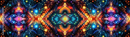Psychedelic geometric patterns, vivid colors, seamless design, kaleidoscopic effect, digital art, high contrast, intricate details © Naput