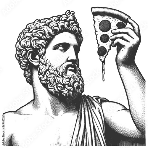 classical Roman Greek statue eating a slice of pizza, ancient art modern food culture sketch engraving generative ai raster illustration. Scratch board imitation. Black and white image. photo