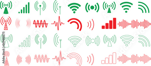 wireless communication signal vector set, Vibrant digital connectivity symbols in red and green