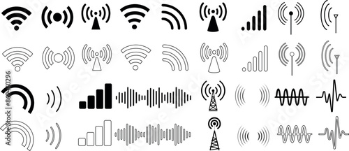 Wireless signal icons set includes wifi, antenna, radio, sound waves, perfect for tech design, communication network, audio visual vector illustration