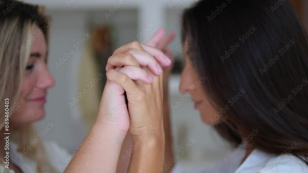 Close-up beautiful lesbian couple looking at each other tenderly. Couple crossed fingers, expressing closeness and love. Sensual moment between couple in love. Sincere emotions in looks and gestures. Close-up beautiful lesbian couple looking at each other tenderly. Couple crossed fingers, expressing closeness and love. Sensual moment between couple in love. Sincere emotions in looks and gestures.
