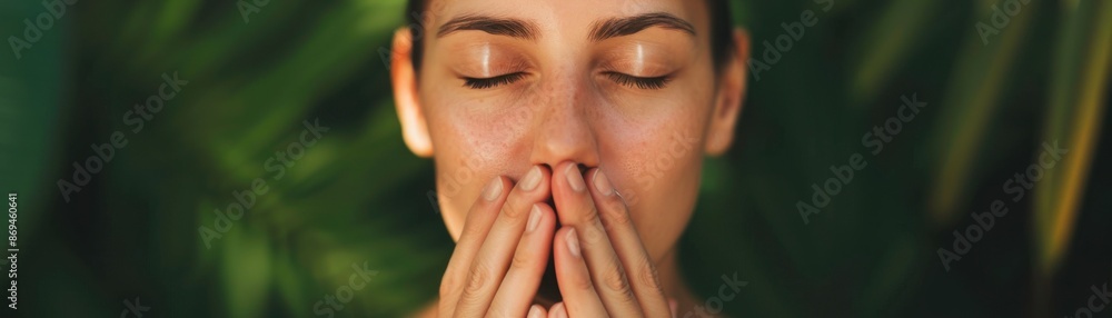 Woman with closed eyes, hands clasped in front of her face, in nature, meditation concept. Woman with closed eyes, hands clasped in front of her face, in nature, meditation concept.