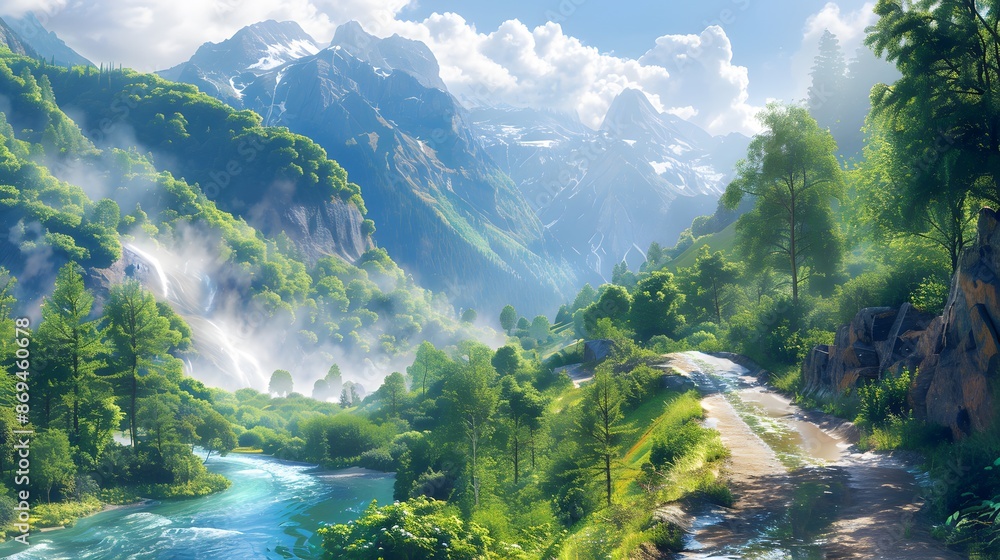 A winding mountain road surrounded by lush greenery, with a crystal-clear river running alongside it and majestic mountains in the distance under a bright, sunny sky. A winding mountain road surrounded by lush greenery, with a crystal-clear river running alongside it and majestic mountains in the distance under a bright, sunny sky.