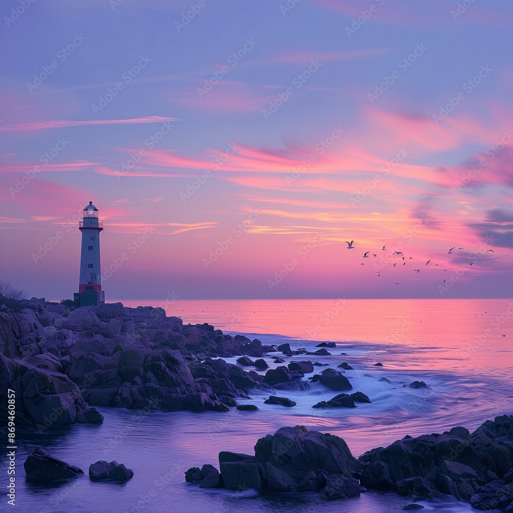 Fototapeta premium Tranquil Lighthouse Overlooking Serene Pink & Purple Dusk Seascape