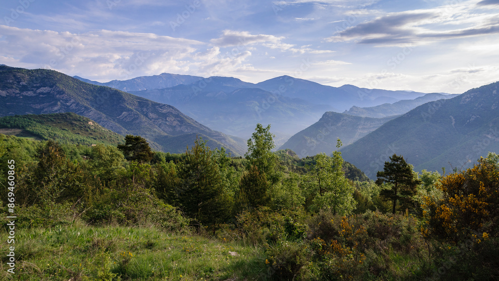 Fototapeta premium Llobregat Valley, seen from near Fígols village in spring (Berguedà, Catalonia, Spain, Pyrenees)