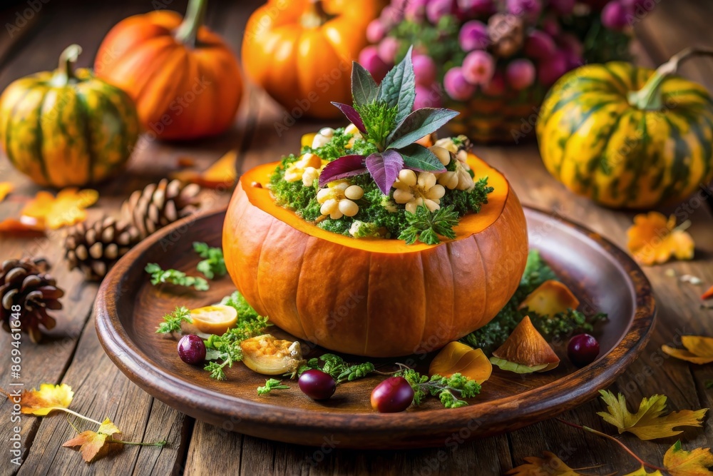 Autumn-themed dish featuring a stuffed pumpkin filled with grains and herbs, garnished with fresh greens. The table is adorned with small pumpkins and fall leaves, creating a festive seasonal display. Autumn-themed dish featuring a stuffed pumpkin filled with grains and herbs, garnished with fresh greens. The table is adorned with small pumpkins and fall leaves, creating a festive seasonal display.