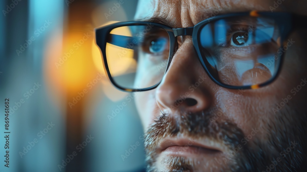 Close-up of a financial advisor's face concentrating on tax planning, wealth management, high detail, realistic lighting, modern office setting, professional atmosphere Close-up of a financial advisor's face concentrating on tax planning, wealth management, high detail, realistic lighting, modern office setting, professional atmosphere