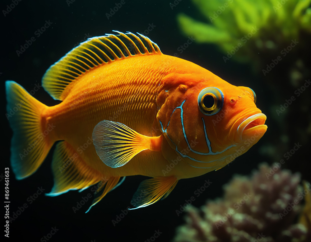 Bright Orange Fish in Aquarium with Dark Background Bright Orange Fish in Aquarium with Dark Background