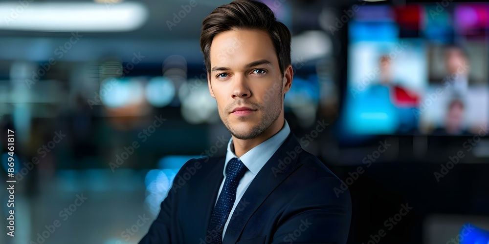 Man in Suit in Well-Lit News Studio with Headlines Displayed on Screens. Concept News Anchorman, Studio Setup, Professional Attire, Headline Display, Well-Lit Environment Man in Suit in Well-Lit News Studio with Headlines Displayed on Screens. Concept News Anchorman, Studio Setup, Professional Attire, Headline Display, Well-Lit Environment