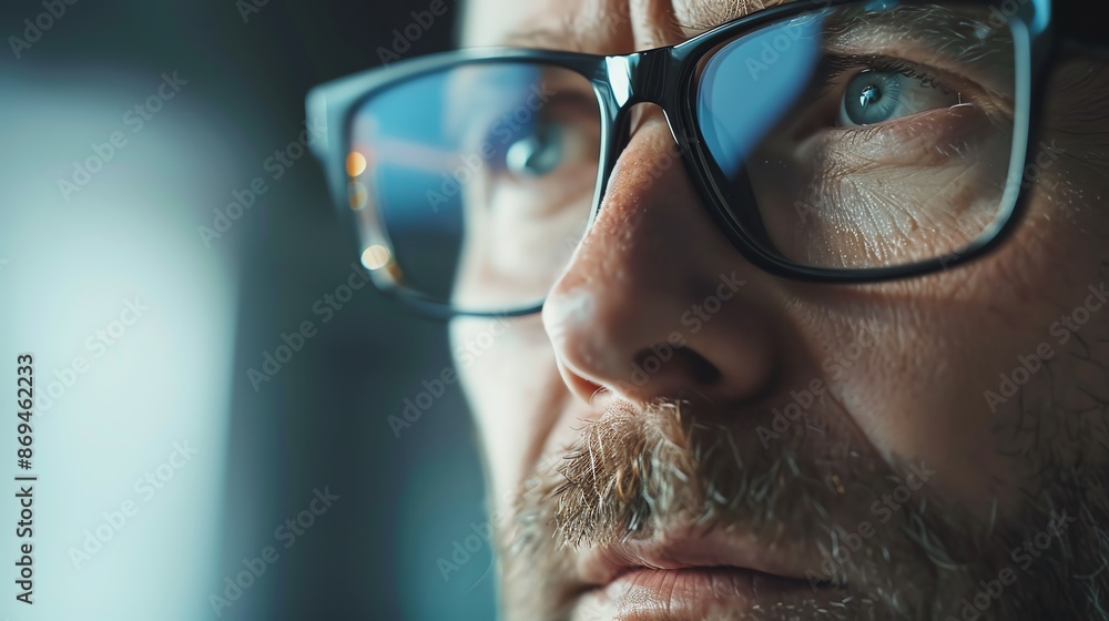 Close-up of a financial advisor's face concentrating on tax planning, wealth management, high detail, realistic lighting, modern office setting, professional atmosphere Close-up of a financial advisor's face concentrating on tax planning, wealth management, high detail, realistic lighting, modern office setting, professional atmosphere