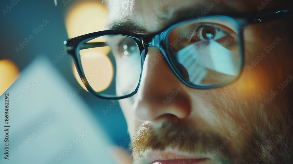 Close-up of a financial advisor's face analyzing a report, wealth management, high detail, realistic lighting, modern office setting, professional atmosphere Close-up of a financial advisor's face analyzing a report, wealth management, high detail, realistic lighting, modern office setting, professional atmosphere