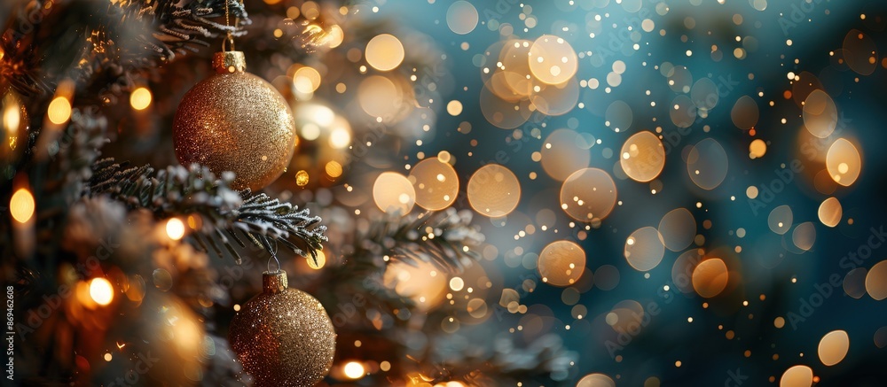 Close-up of a beautifully decorated Christmas tree with golden ornaments and twinkling lights, creating a warm and festive holiday atmosphere. Close-up of a beautifully decorated Christmas tree with golden ornaments and twinkling lights, creating a warm and festive holiday atmosphere.