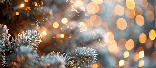 Close-up of frosted pine branches with warm, glowing holiday lights in the background, creating a festive and cozy Christmas atmosphere.