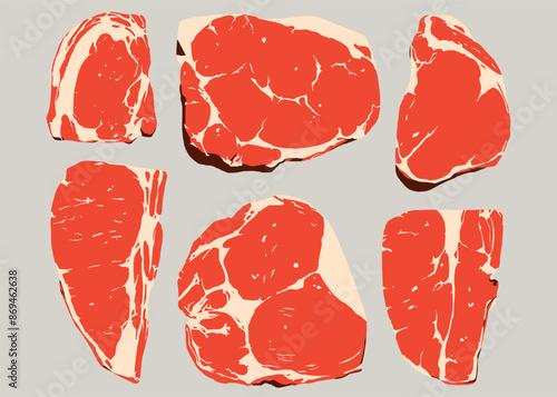 Red Raw Meat Beef Steak Butcher Cuts Food Flat Vector Illustration Set