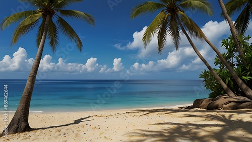 Tropical beach with white sand and palm trees on a sunny day. Concept of relaxation, vacation, getaway, and travel.