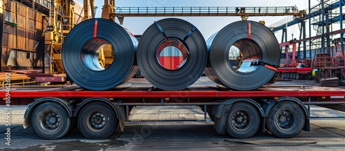 Large steel coils loaded on a flatbed trailer in an industrial manufacturing plant, showcasing heavy machinery and industrial equipment. photo