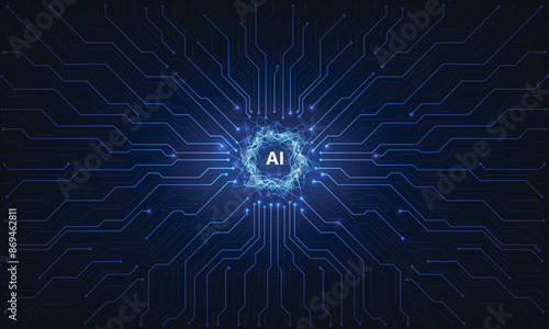 Abstract digital AI robot on circuit board light blue background. Chat bot and circuit tech bg. Digital character in low poly wireframe vector illustration.