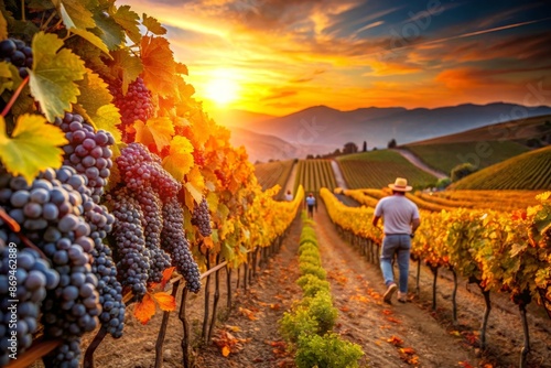 Vibrant sunset over a vineyard with ripe grapes and workers tending to the vines.