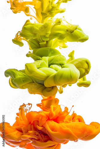 Vivid yellow and green ink swirling in water, creating a striking visual effect. The dynamic movement and vibrant colors make it an excellent choice for artistic and abstract designs.