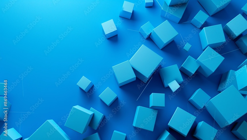 A dynamic abstract image featuring various blue cubes floating in a minimalist blue background A dynamic abstract image featuring various blue cubes floating in a minimalist blue background