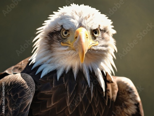 Close-up of a bald eagle with a piercing gaze and white feathers against a dark background
