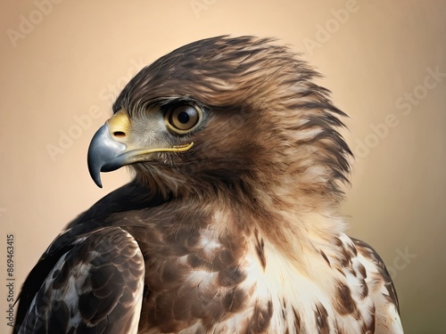 Close-up of a hawk with intense eyes and sharp beak against a beige background