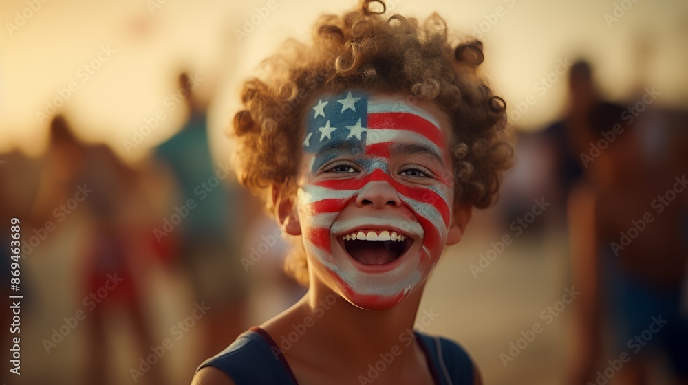 A smiling child with face paint of the American flag enjoys a festive outdoor event at sunset, surrounded by a blurred crowd. A smiling child with face paint of the American flag enjoys a festive outdoor event at sunset, surrounded by a blurred crowd.