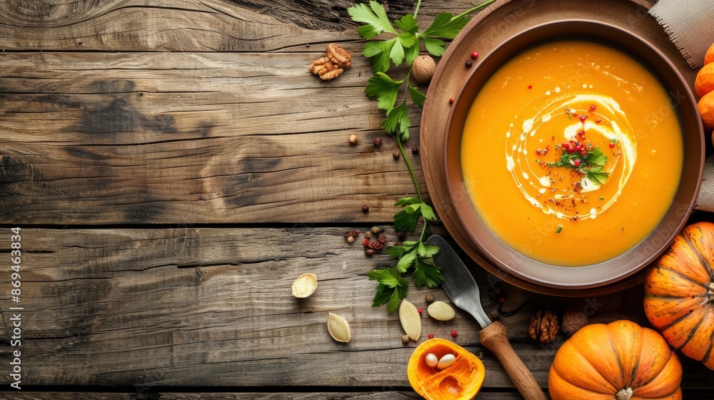 Pumpkin Soup With Fresh Ingredients On A Rustic Wooden Table Pumpkin Soup With Fresh Ingredients On A Rustic Wooden Table