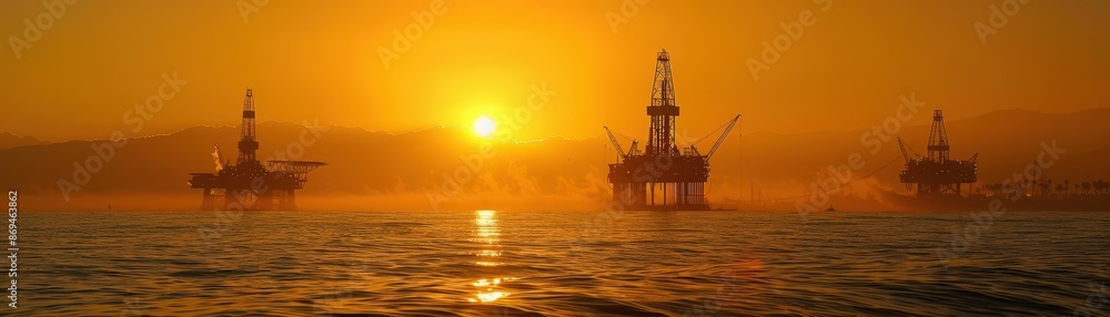Obraz premium Stunning sunset view of offshore oil rigs silhouetted against a golden sky, with calm ocean waters in the foreground.