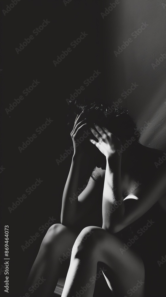 Black and white image of a person with their head in their hands, sitting in a dark room, portraying deep emotional distress Black and white image of a person with their head in their hands, sitting in a dark room, portraying deep emotional distress
