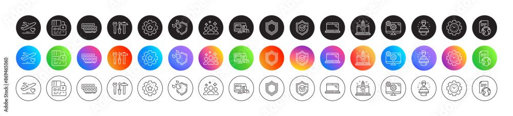 Laptop, Waterproof and Medical flight line icons. Round icon gradient buttons. Pack of Start business, Spanner tool, Time management icon. Card, Security, Squad pictogram. Vector Laptop, Waterproof and Medical flight line icons. Round icon gradient buttons. Pack of Start business, Spanner tool, Time management icon. Card, Security, Squad pictogram. Vector