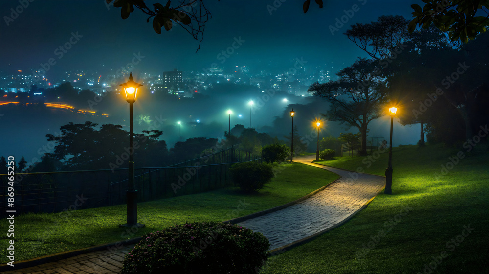 Obraz premium Сurved walkways and paths with lanterns on poles, a lush green Park and a City in the distance at Night with a little fog