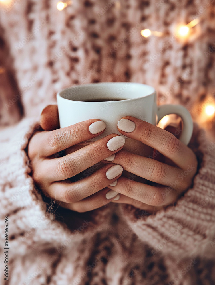 Cozy Warm Fall and Winter woman holding coffee or enjoying a cup of tea wearing comfy pink knit sweater Cozy Warm Fall and Winter woman holding coffee or enjoying a cup of tea wearing comfy pink knit sweater