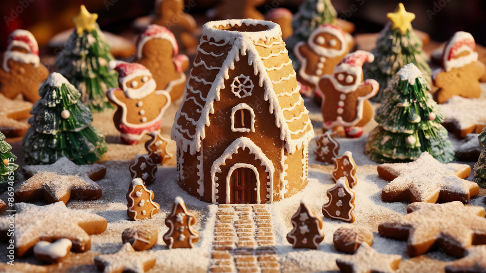 a festive Christmas scene featuring a towering gingerbread house surrounded by an array of beautifully decorated gingerbread cookies a festive Christmas scene featuring a towering gingerbread house surrounded by an array of beautifully decorated gingerbread cookies