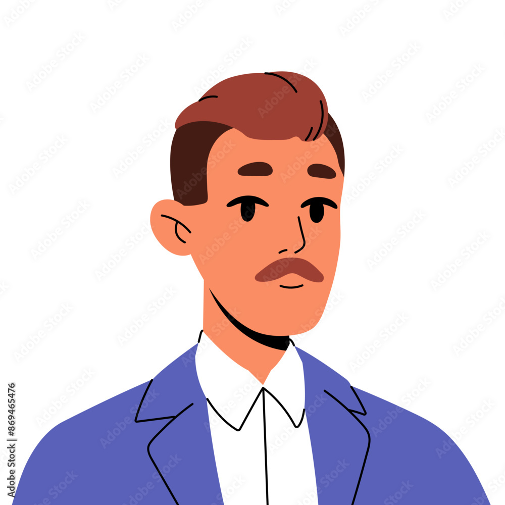 Adult business man with mustache avatar. Portrait of person in suit for user profile. Male face with moustache, head of office worker, employee. Flat isolated vector illustration on white background