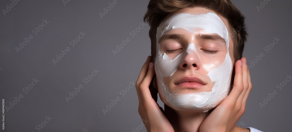 A young man is applying cream to his face on a white background A young man is applying cream to his face on a white background