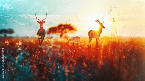 Beautiful sunset over African savanna with grazing deer and vibrant colors, capturing the serene essence of wildlife in its natural habitat.