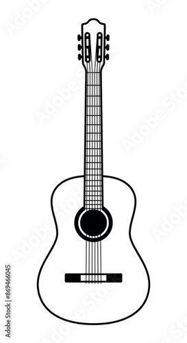 Acoustic guitar silhouette shape, black and white vector illustration of classical stringed musical instrument