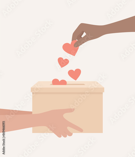 A pair of hands holding a charity box, the other hand throwing hearts into the box. Flat vector illustration