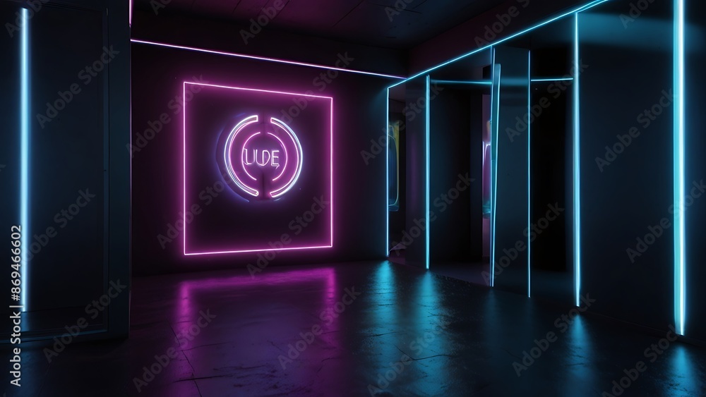 Neon sign in a dark room with a blue and purple light, futuristic interior design for a club or lounge. Concept of nightlife, party, entertainment, and modern art. Neon sign in a dark room with a blue and purple light, futuristic interior design for a club or lounge. Concept of nightlife, party, entertainment, and modern art.