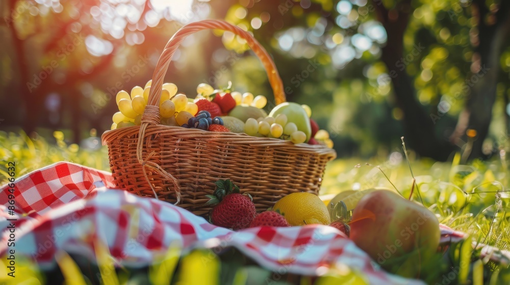 Picnic basket filled with fresh fruit, summer outing Picnic basket filled with fresh fruit, summer outing