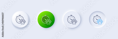 Dog competition line icon. Neumorphic, Green gradient, 3d pin buttons. Pets timer sign. Activities results symbol. Line icons. Neumorphic buttons with outline signs. Vector