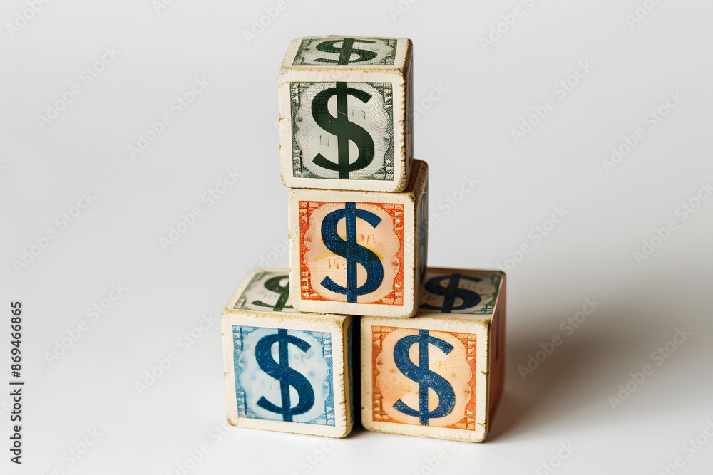 Four colorful blocks with dollar signs stacked together, representing financial concepts like investment, savings, and economic growth.
Four colorful blocks with dollar signs stacked together, representing financial concepts like investment, savings, and economic growth.