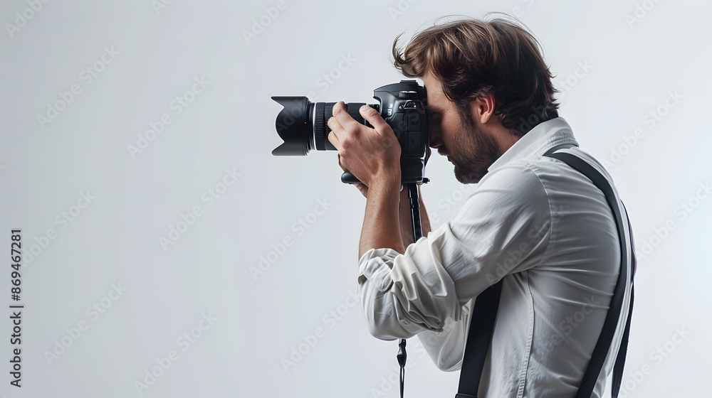 Obraz premium Professional photographer capturing a shot with a DSLR camera in a studio setting. Side profile, focus, creativity, and expertise are depicted.