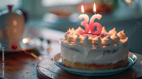 A birthday cake with a number 36 candle lit on top. photo