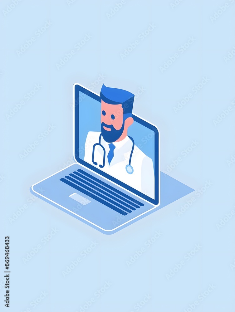 A doctor's face appears on a laptop screen, representing telehealth or online medical consultations. A doctor's face appears on a laptop screen, representing telehealth or online medical consultations.