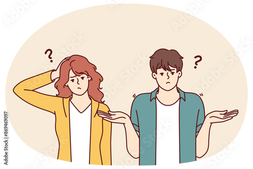 Doubting man and woman shrug hands and touch heads, sign of absence of solution to problem. Doubtful couple of guy and girl experiencing embarrassment do not understand what is happening