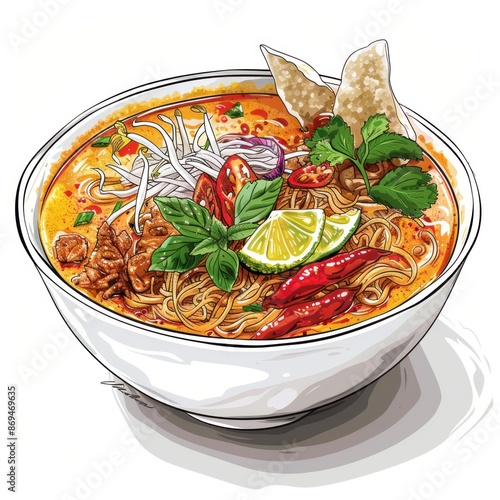 11. Khao Soi, Northern Thai curry noodle soup, detailed illustration, vibrant colors, isolated on white background photo